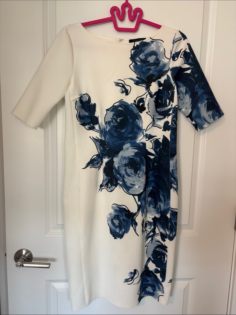 Rickie Freeman for Teri Jon White Midi Dress with Blue Floral Brushstrokes